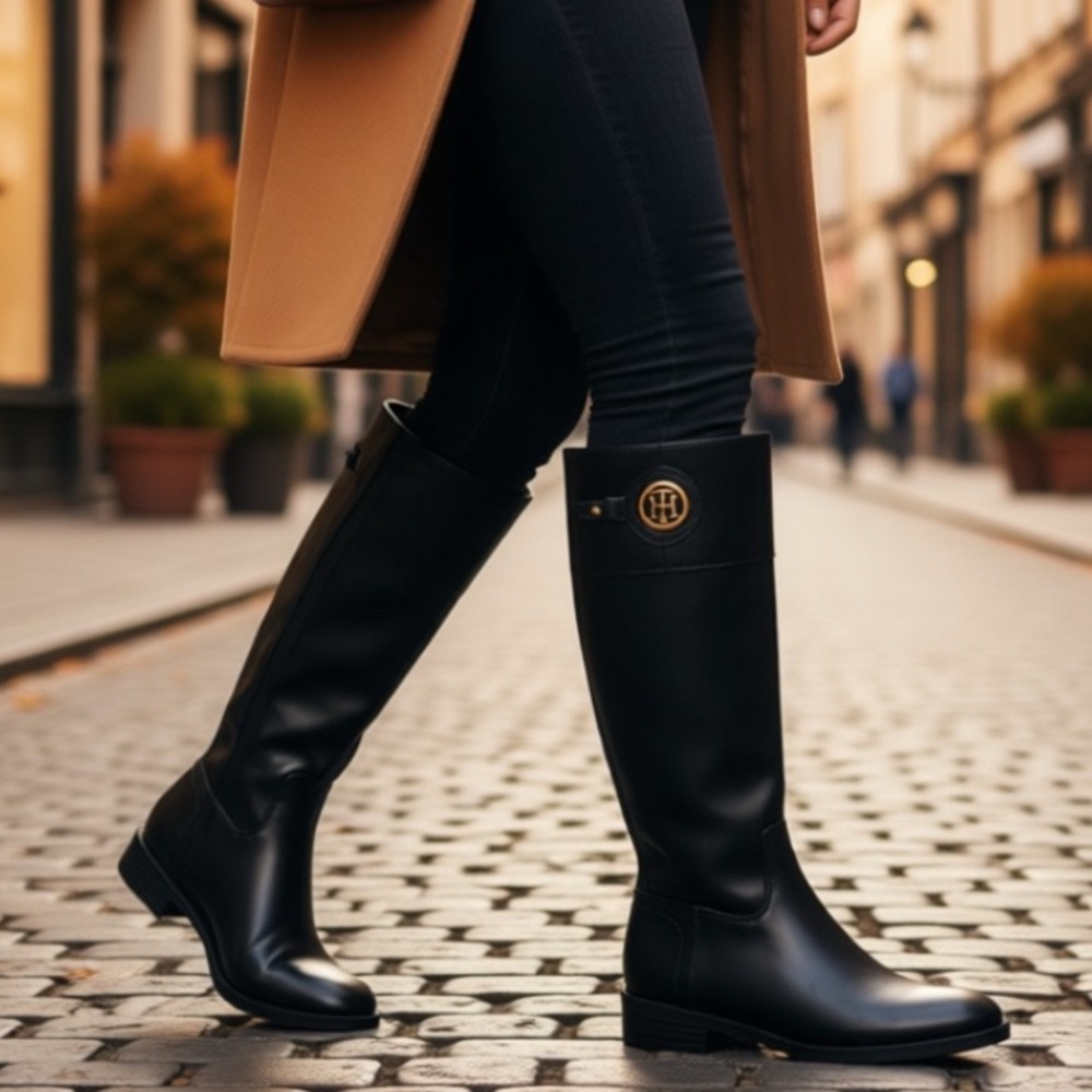 NEW TOMMY HILFIGER Equestrian Black Knee-High Vegan Leather Riding Boots Sz: 7.5